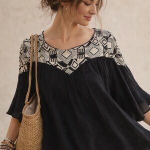 Corvia Boho Embroidered Blouse Black Tribal Yoke Flowy Top Size L